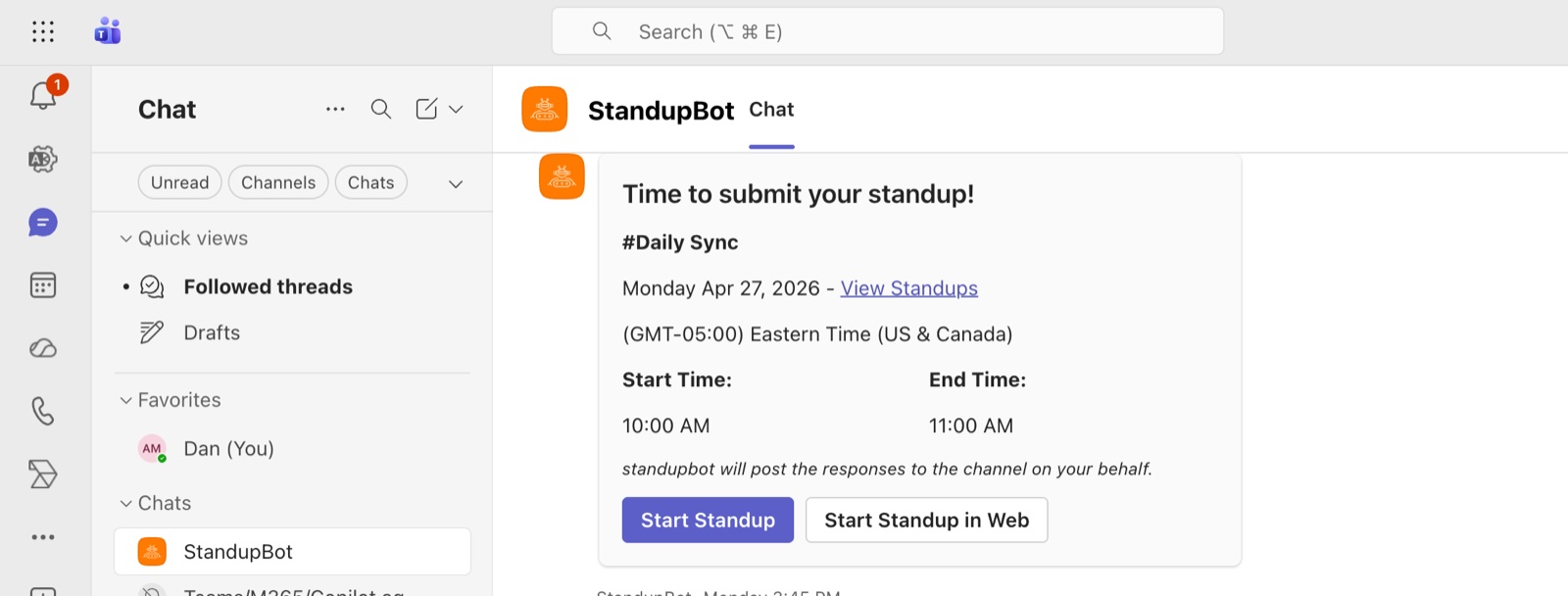 StandupBot prompting a daily standup inside Microsoft Teams