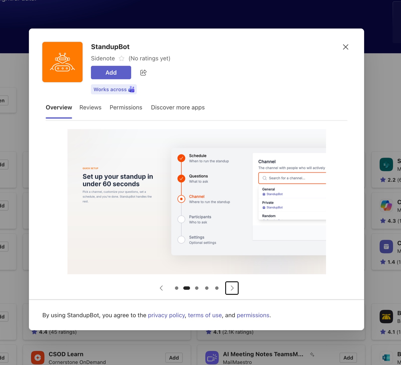 StandupBot listing in the Microsoft Teams app store